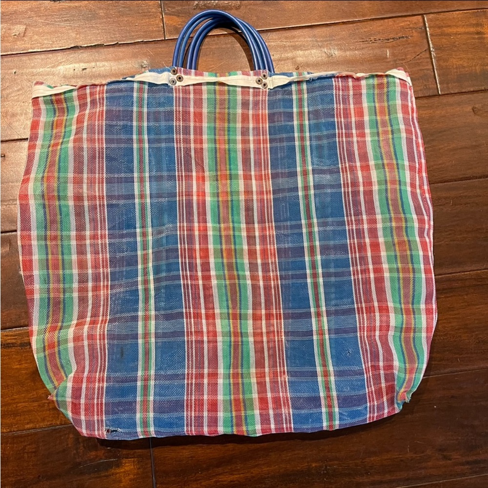 MEXICANA Multicolor Plaid Tote Bag with Blue Handles